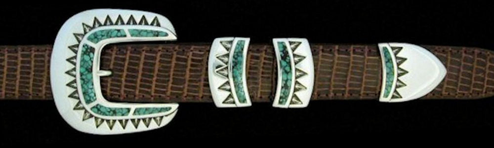 #1168T STONE SPECIAL with Turquoise Inlay 4 Pc Buckle Set for 1" belts $845.00. Special Order Extra Tip $165.00 - Santa Fe Buckle Company