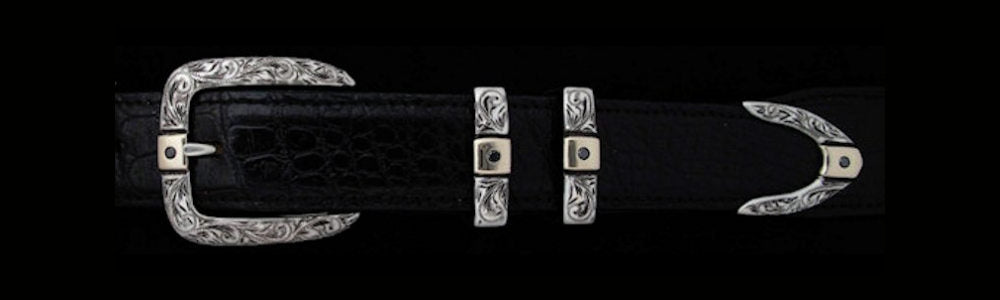 #5875G ENGRAVED PARALLEL DOUBLE KEEPER with 4 Black Diamonds (.5k total) with Gold Overlay 4 Pc Buckle Set for 1" belts. On SALE $1065.00. (Sold as complete set only) - Santa Fe Buckle Company