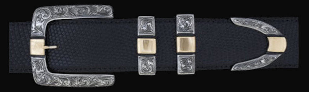 #0877G ENGRAVED PARALLEL SQUARE with 14k Gold Overlay 4 pc Buckle Set for 1 1/2" belts. On SALE $1095.00 (Sold as complete set only) - Santa Fe Buckle Company