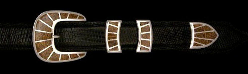 #1158FJ FRAMED STONE 4 Pc Buckle Set with Fossilized Jasper Inlay for 1" belts $895.00. Special Order Extra Tip $250.00 - Santa Fe Buckle Company