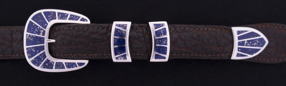 #1158L FRAMED STONE  with Lapis Inlay 4 Pc Buckle Set for 1" belts $895.00. Special Order Extra Tip $250.00 - Santa Fe Buckle Company