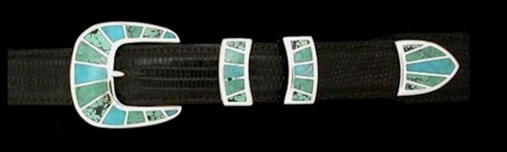 #1158MT FRAMED STONE 4 Pc Buckle Set with Multi-turquoise Inlay for 1" belts  $895.00. Special Order Extra Tip $250.00 - Santa Fe Buckle Company