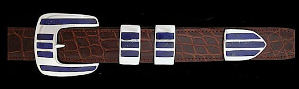 #1162L FIVE ROW STONE  with Lapis Inlay 4 Pc Buckle Set for 1" belts $945.00. Special Order Extra Tip $285.00 - Santa Fe Buckle Company