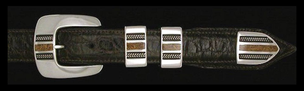 #1166FJ  BRAIDS WITH STONE with Fossilized Jasper Inlay 4 Pc Buckle Set for 1" belts $695.00. Special order Extra Tip $165.00 - Santa Fe Buckle Company