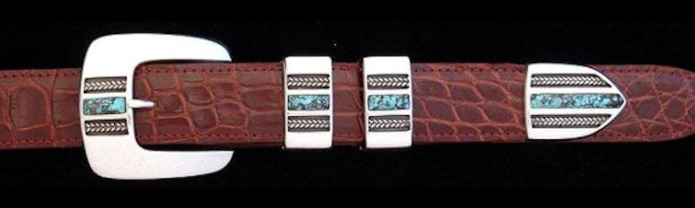 #1166T  BRAIDS WITH STONE with Turquoise Inlay 4 Pc Buckle Set for 1" belts $695.00. Special Order Extra Tip $165.00 - Santa Fe Buckle Company