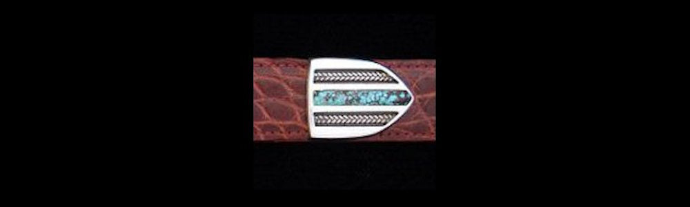 #1166T  BRAIDS WITH STONE with Turquoise Inlay 4 Pc Buckle Set for 1" belts $695.00. Special Order Extra Tip $165.00 - Santa Fe Buckle Company