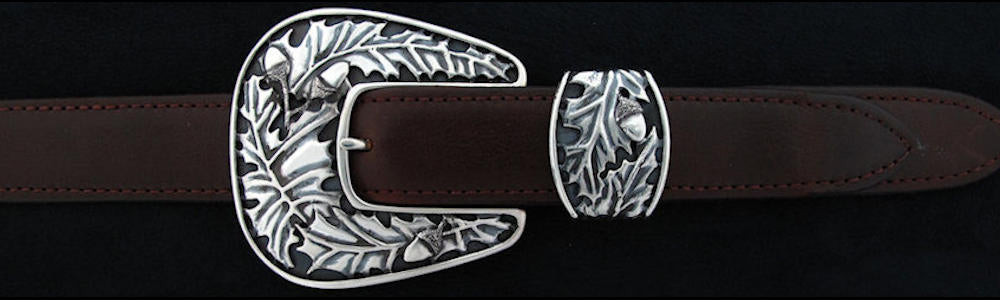 #0139 OAKLEAF Buckle Set for 1" belts from $330.00 for the single buckle to $650.00 for the 3 pc set. Extra tips are available for $160.00 - Santa Fe Buckle Company