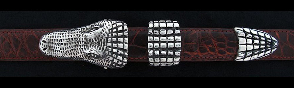 #0140 ALLIGATOR Buckle Set for 1" belts from $230.00 for the single buckle to $650.00 for the 4 pc set. Extra tips are available for $140.00 - Santa Fe Buckle Company