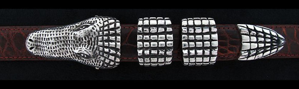 #0140 ALLIGATOR Buckle Set for 1" belts from $230.00 for the single buckle to $650.00 for the 4 pc set. Extra tips are available for $140.00 - Santa Fe Buckle Company