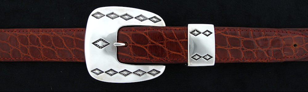 #0141 JESTER Buckle Set for 1" belts from $240.00 for the single buckle to $595.00 for the 4 pc set. Extra tips are available for $125.00 - Santa Fe Buckle Company