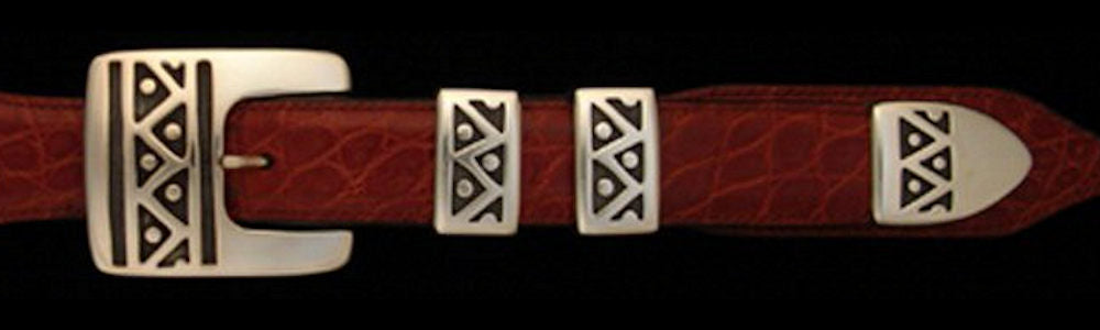 #0142 AZTEC Buckle Set for 1" belts from $260.00 for the single buckle to $650.00 for the 4 pc set. Extra tips are available for $140.00 - Santa Fe Buckle Company