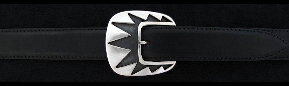 #0143 TRIPLE STARBURST Buckle Set for 1" belts from $230.00 for the single buckle to $570.00 for the 4 pc set. Extra tips are available for $120.00 - Santa Fe Buckle Company