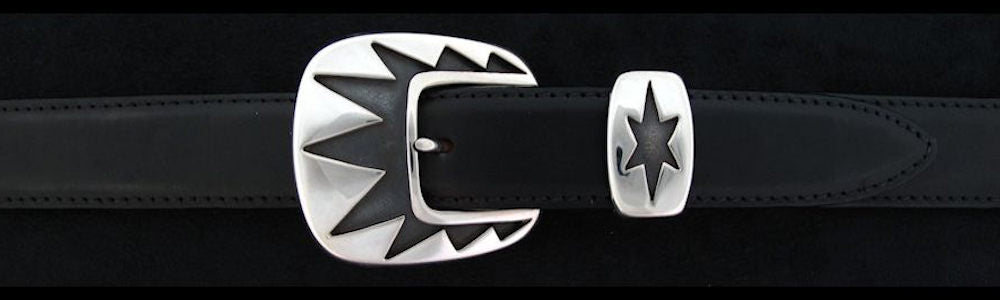 #0143 TRIPLE STARBURST Buckle Set for 1" belts from $230.00 for the single buckle to $570.00 for the 4 pc set. Extra tips are available for $120.00 - Santa Fe Buckle Company