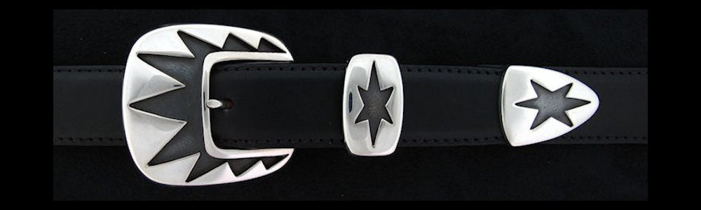 #0143 TRIPLE STARBURST Buckle Set for 1" belts from $230.00 for the single buckle to $570.00 for the 4 pc set. Extra tips are available for $120.00 - Santa Fe Buckle Company