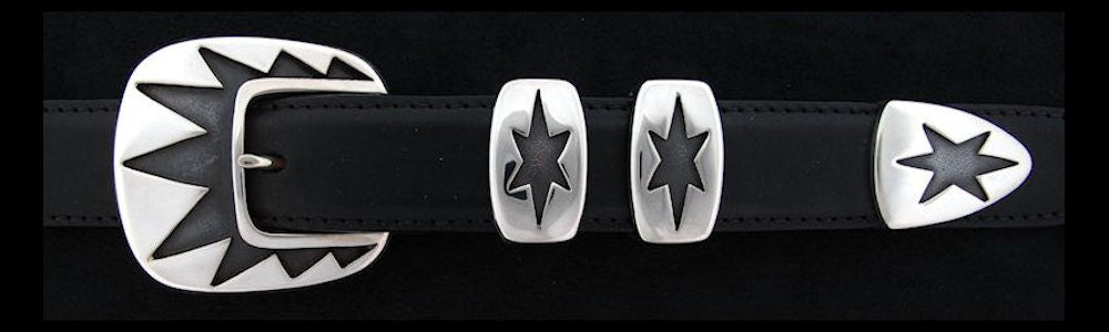 #0143 TRIPLE STARBURST Buckle Set for 1" belts from $230.00 for the single buckle to $570.00 for the 4 pc set. Extra tips are available for $120.00 - Santa Fe Buckle Company