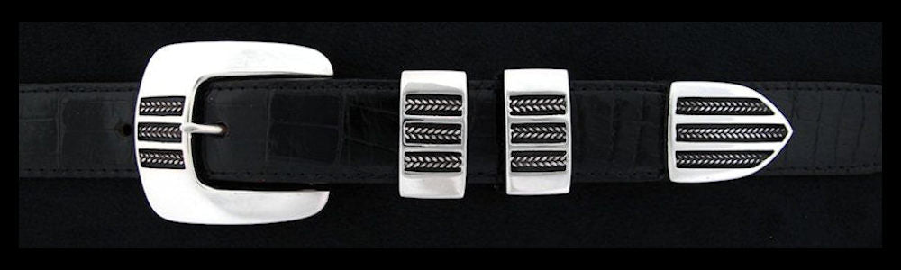 #0151 THREE BRAIDS Buckle Set for 1" belts from $240.00 for the single buckle to $590.00 for the 4 pc set. Extra tips are available for $120.00 - Santa Fe Buckle Company