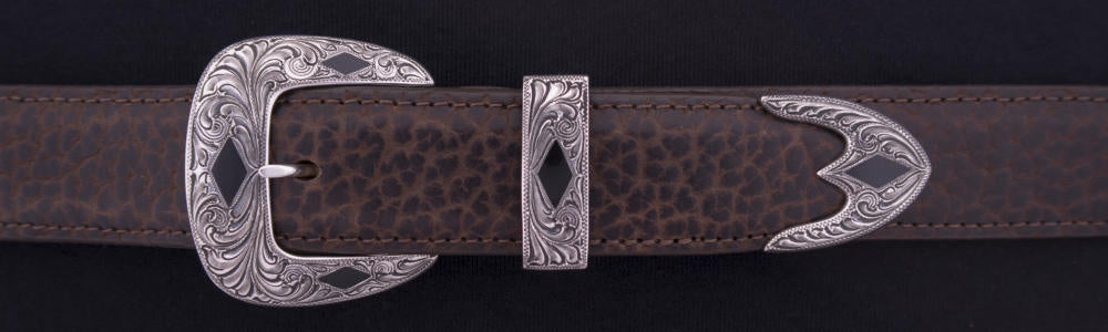 1881BJ ENGRAVED STONE DIAMONDS with Black Jade Inlay 4-Pc Buckle Set for 1 1/4" belts $995.00. Smaller Combinations Available by Special order. - Santa Fe Buckle Company