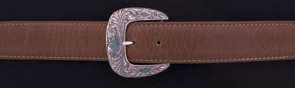 #1881T ENGRAVED STONE DIAMONDS with Turquoise Inlay 4-Pc Buckle Set for 1 1/4" belts $995.00. Smaller Combinations Available by Special order. - Santa Fe Buckle Company