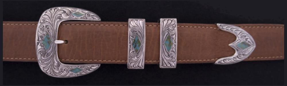 #1881T ENGRAVED STONE DIAMONDS with Turquoise Inlay 4-Pc Buckle Set for 1 1/4" belts $995.00. Smaller Combinations Available by Special order. - Santa Fe Buckle Company
