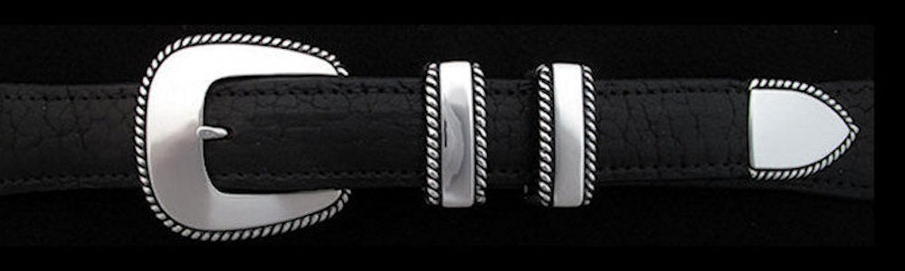 #0202 HEAVY ROPE EDGE Buckle Set for 1" belts from $160.00 for the single buckle to $460.00 for the 4 pc set. Extra tips are available for $100.00 - Santa Fe Buckle Company
