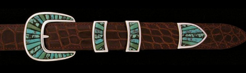 #2157MT COBBLED FRAMED STONE with MULTI TURQUOISE 4pc Buckle Set for 1" belts $1155.00. Special Order Extra Tip $325.00 - Santa Fe Buckle Company