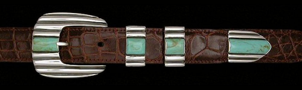 #2171T  STONE CADDY '56  with Turquoise Cabs 4 Pc Buckle Set for 1" belts $795.00. Special Order Extra Tip $185.00 - Santa Fe Buckle Company