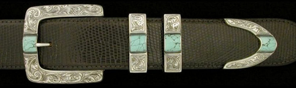 #2877T ENGRAVED PARALLEL SQUARE  with Turquoise Cabs 4 Pc Buckle Set for 1 1/2" belts. On SALE $1095.00. (Sold as complete set only) - Santa Fe Buckle Company