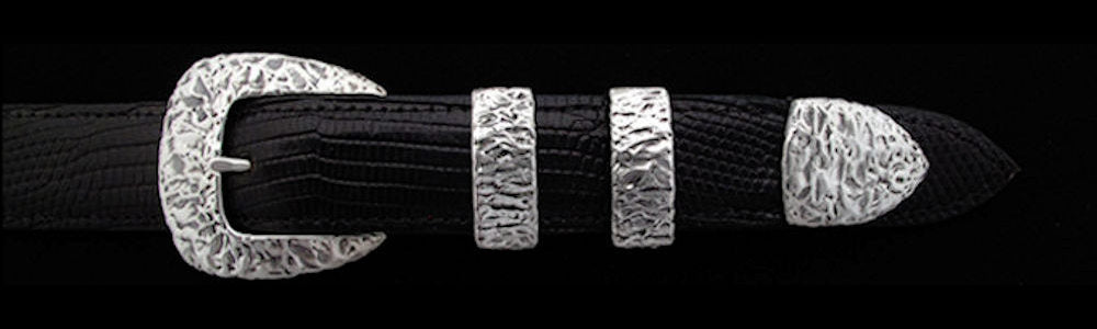#0436 RIVER TEXTURED CLASSIC Buckle Set for 1" belts from $155.00 for the single buckle to $445.00 for the 4 pc set. Extra tips are available for $110.00 - Santa Fe Buckle Company