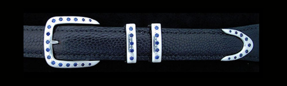 #5170 DOUBLE KEEPER with 36 Sapphire CZ's 4 Pc Buckle Set for 1" belts $895.00. Special order Extra Tip $225.00 - Santa Fe Buckle Company