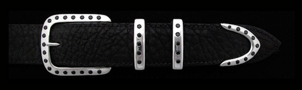 #5190 DOUBLE KEEPER with 38 Black Spinel (5mm) 4 Pc Buckle Set for 1 1/4" belts $995.00. Special Order Extra Tip $245.00 - Santa Fe Buckle Company