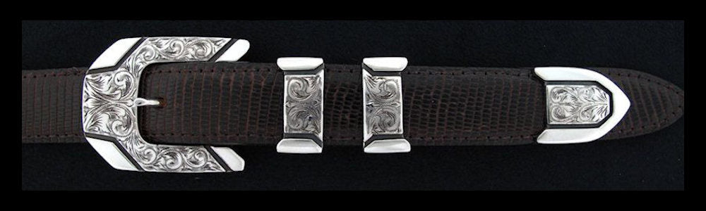 #0844 ENGRAVED METRO 4 pc Buckle Set for 1" belts. On SALE $495.00 (Sold as complete set only) - Santa Fe Buckle Company
