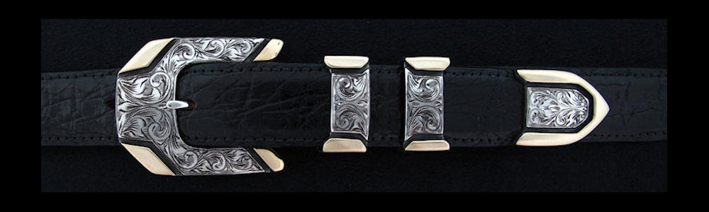 #0844G ENGRAVED METRO 4 pc Buckle Set with 14k Gold Overlay for 1" belts. On SALE $958.00 (Sold as complete set only) - Santa Fe Buckle Company