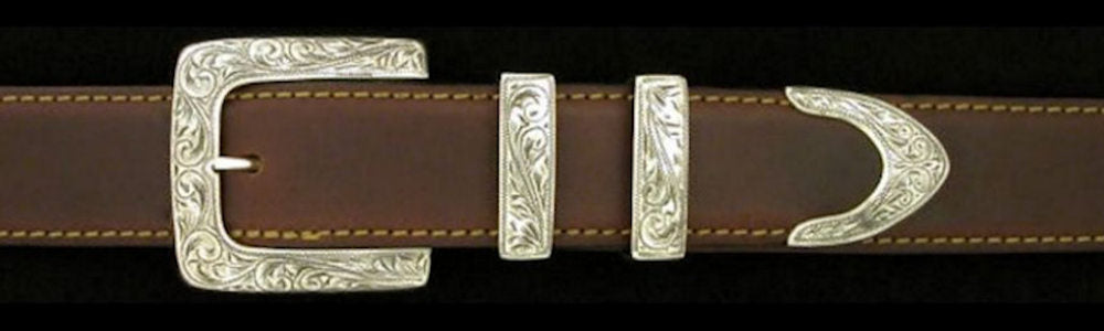 #0876 ENGRAVED CLASSIC SQUARE 4 pc Buckle Set for 1 1/4" belts. On SALE $585.00 (Sold as complete set only) - Santa Fe Buckle Company