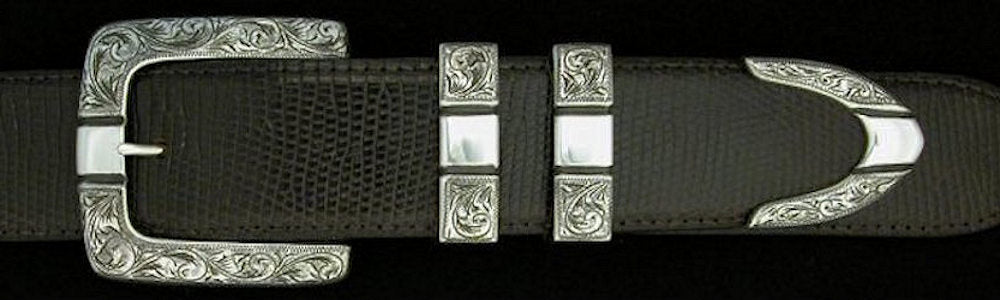 #0877 ENGRAVED PARALLEL SQUARE 4 pc Buckle Set for 1 1/2" belts. On SALE $825.00 (Sold as complete set only) - Santa Fe Buckle Company