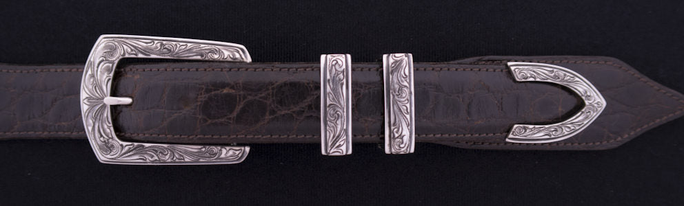 #0887 ENGRAVED ELEGANT 4-Pc Buckle Set for 1" belts $575.00. - Santa Fe Buckle Company