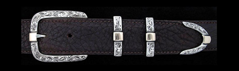 #0891G ENGRAVED PARALLEL DOUBLE KEEPER with 14k Gold Overlay 4 pc Buckle Set for 1 1/4" belts. On SALE $745.00 (Sold as complete set only) - Santa Fe Buckle Company