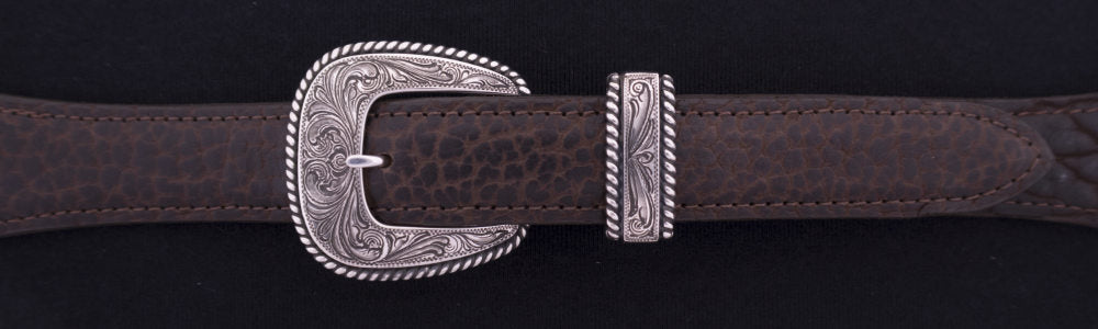 #0902  ENGRAVED HEAVY ROPE EDGE 4-Pc Buckle Set for 1" belts $625.00. Smaller Combinations Available by Special order. - Santa Fe Buckle Company