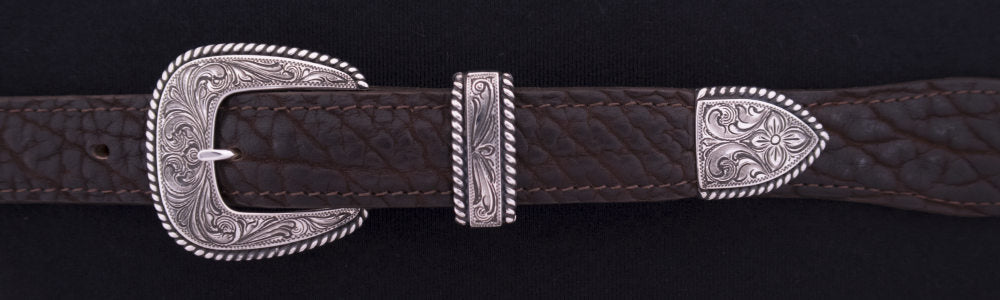 #0902  ENGRAVED HEAVY ROPE EDGE 4-Pc Buckle Set for 1" belts $625.00. Smaller Combinations Available by Special order. - Santa Fe Buckle Company