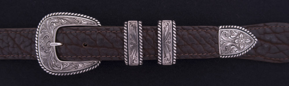 #0902  ENGRAVED HEAVY ROPE EDGE 4-Pc Buckle Set for 1" belts $625.00. Smaller Combinations Available by Special order. - Santa Fe Buckle Company