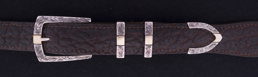 #0906G ENGRAVED PARALLEL DK2 4 pc Buckle Set with 14k Gold Overlay for 1" belts. On SALE $635.00 (Sold as complete set only) - Santa Fe Buckle Company